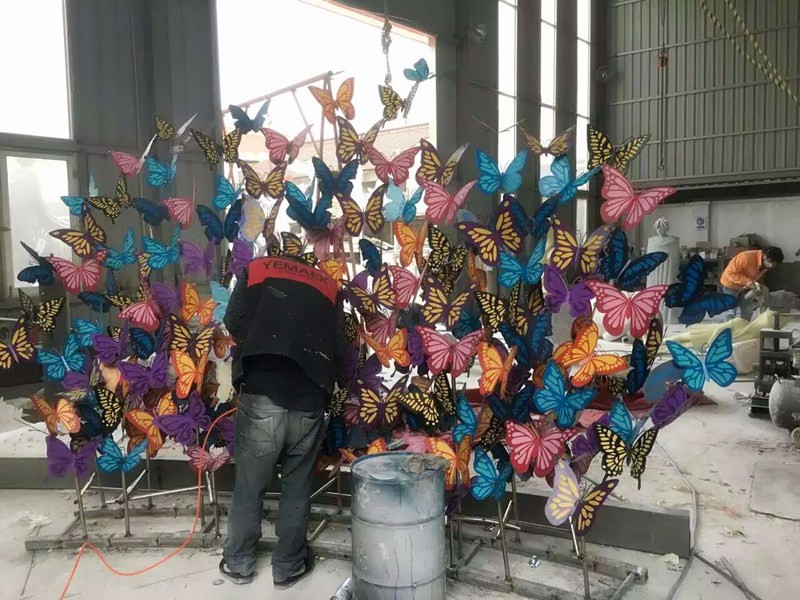 上海塑景不锈钢彩绘蝴蝶雕塑 园林景观仿蝴蝶动物雕塑小品