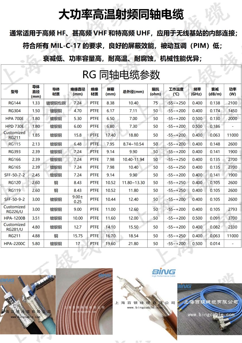 大功率高温射频同轴电缆同轴线缆