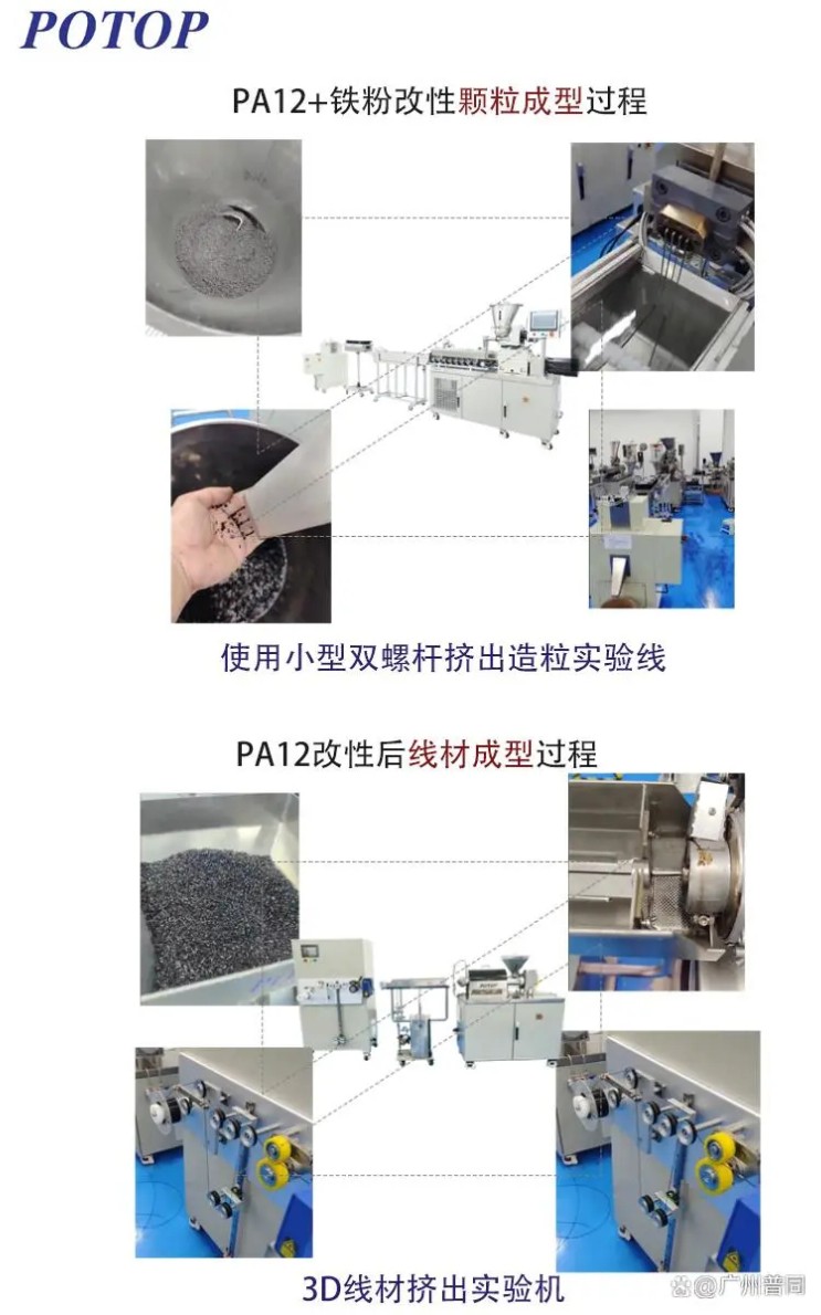 PA12加铁粉先改性颗粒成型到线材挤出实验机