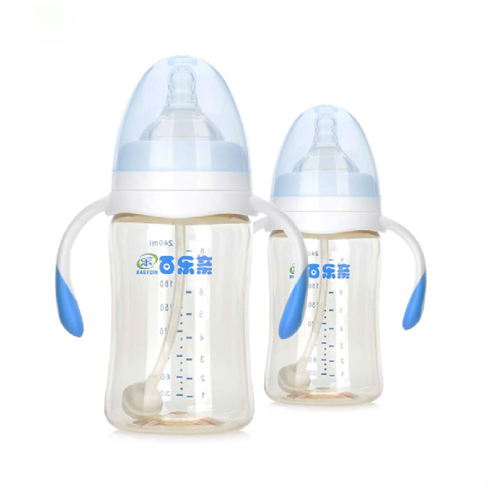 厂家批发婴儿奶瓶宽口防胀气带手柄奶瓶